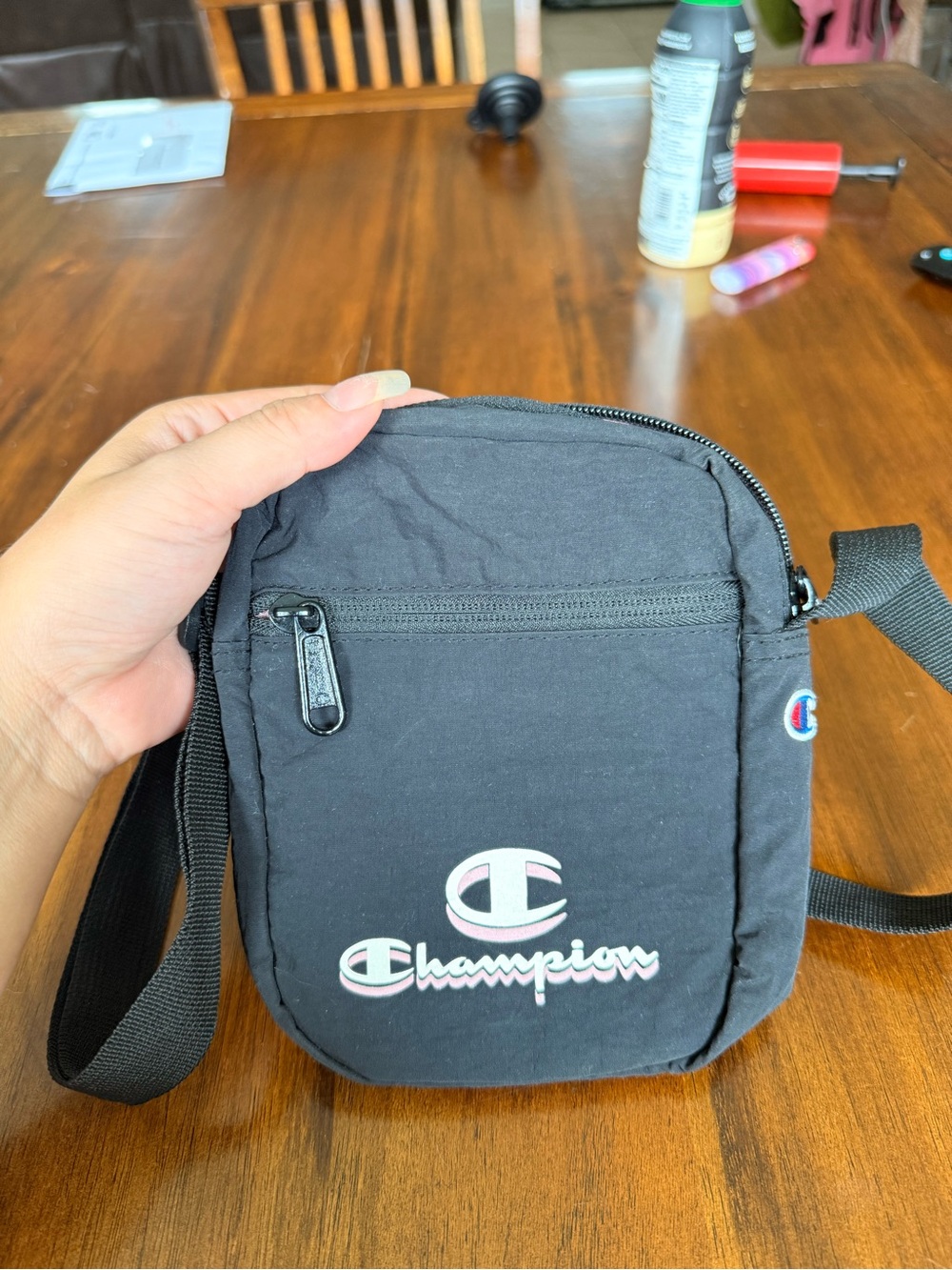Champion Black Crossbody Pouch with White Logo Accent